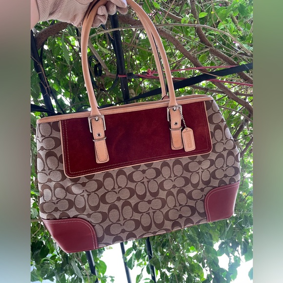 Coach Handbags - Coach, Y2K 2003 Hampton Leather, Suede, Canvas Satchel Bag, Red